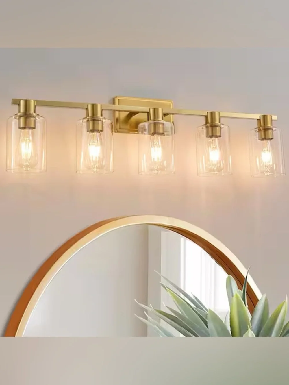 Gold Finish 5-Light Vanity Wall Sconce - Modern Glass Shade Bathroom Lighting